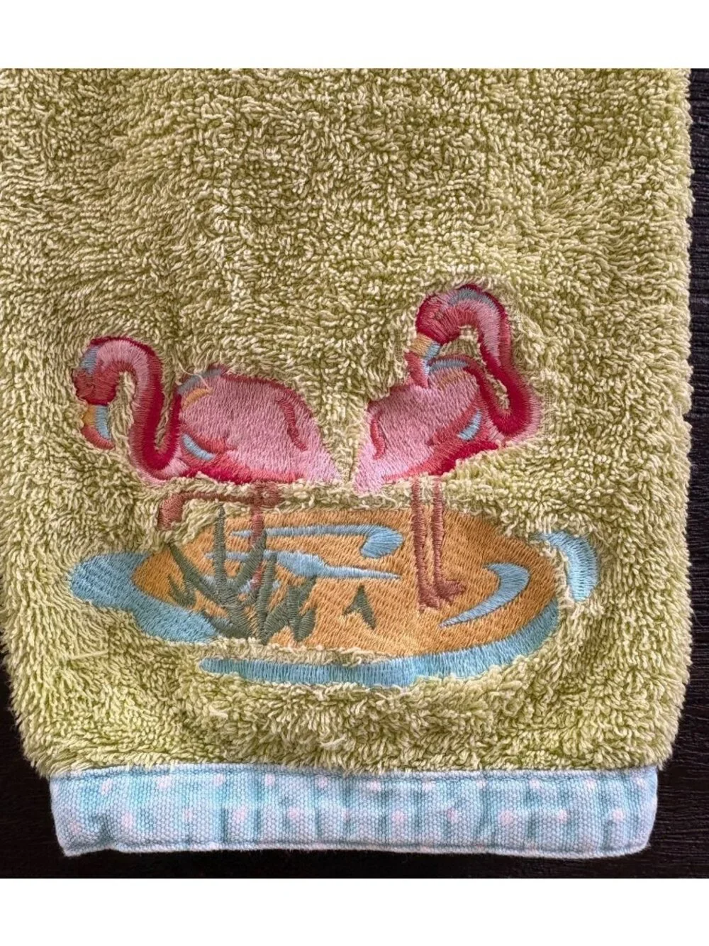 Flamingo Themed Green Hand Towels With Blue Polka Dot Trim Set Of 2